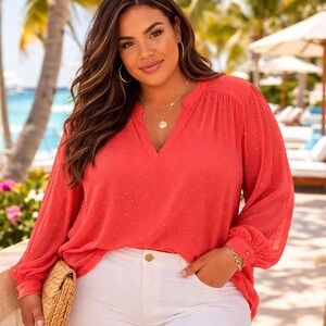 a.n.a‎ A New Approach Coral Studded Chiffon V-Neck Blouse Plus Size 3X Womens